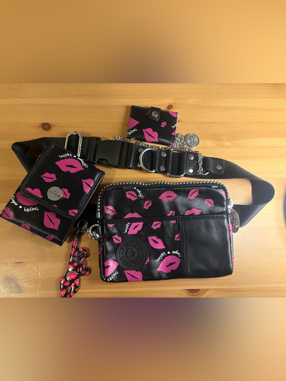 Kipling Black Crossbody with Hot Pink Lip Print and Matching Wallet